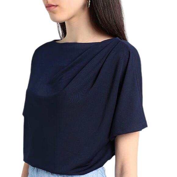 Lauren Ralph Lauren Pleated Stretch Jersey Tee Navy NEW Size Large - Picture 5 of 9